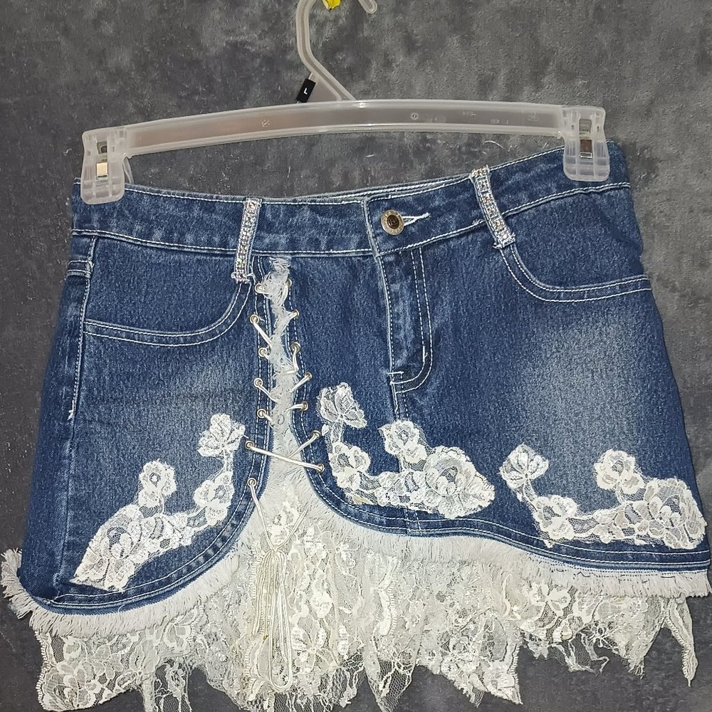 Polo by Ralph Lauren womens denim and lace mini skirt